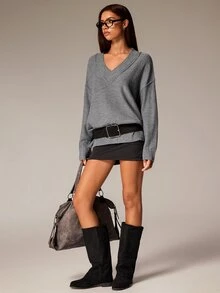 Athîral Women's Solid Color V-Neck Long Sleeve Loose Fit Fashion Versatile Sweater - Grey - View 2