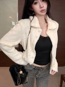 DAZY Jaket Pendek Bulu Imitasi Putih Wanita, Cocok untuk Kencan Kasual, Pesta Jalanan, Musim Gugur/Dingin - Krem - View 8