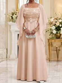 SHEIN CURVE+ Plus Size Women Solid Color Square Neck Lace Applique Patchwork Waist-Cinching Slimming Cape Sleeve Dress Fall - Pink - View 3