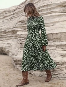 Aveloria Modichic Women's Dress A-Line Slim Fit High Neck Ruched Long Lantern Sleeve Elegant Boho Green Black Leopard Print Fall Brunch Vacation - Green - View 1