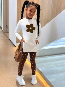 Tween女孩寬鬆長袖上衣與側開衩內搭褲2件套，韓系學院風，休閒百搭，適合秋冬日常穿著、度假與夏季 - 彩色 - 查看 3