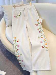 SHEIN MOD 女款極簡花卉刺繡牛仔褲 - 白色 - 查看 1