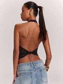 SHEIN BAE Women's Black Lace Fitted Fashion Halter Tank Top - Black - View 2