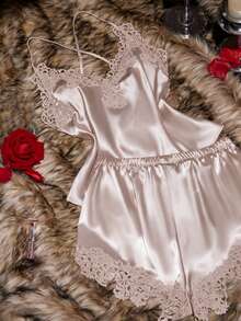 SilkySpell Women's Lace Trim V-Neck Backless Faux Silk Camisole & Shorts Pajama Set - Champagne - View 6