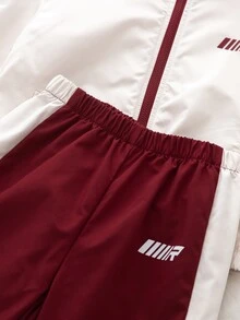 SHEIN 2件組男童休閒拼接色連帽衛衣與長褲套裝，運動戶外秋季款 - 紅色 - 查看 7