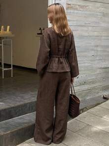 Dazy Tall Women's Stand Collar Long Sleeve Zip-Up Cinched Waist Large Pocket Jacket With Wide Leg Pants, Coffee Brown 2 Pieces Set - Coffee Brown - View 2