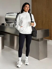 Muchica Women's White Striped Patchwork Stand Collar Zip Up Loose Fit Sports Jacket Gym Jacket Workout Jacket Running Jacket Sportswear Activewear Windbreaker - White - View 8