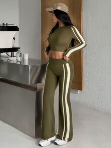 Muchica Women's Olive Green High Neck Long Sleeve Crop Top & Side Stripe Leggings Sports Set Gym Set Workout Set Sportswear Activewear Push Up Booty Lift Fall - Olive Green - View 7