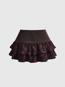 Sweetness Women's Autumn/Winter Brown Plaid Ruffle Hem Skirt - Multicolor - View 2
