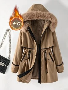 SHEIN Clasi 大尺碼女款毛絨拼接百褶時尚百搭冬季外套 - 駝色 - 查看 12