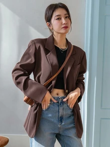 DAZY 女款純色翻領長袖商務休閒西裝外套 - 棕色 - 查看 7