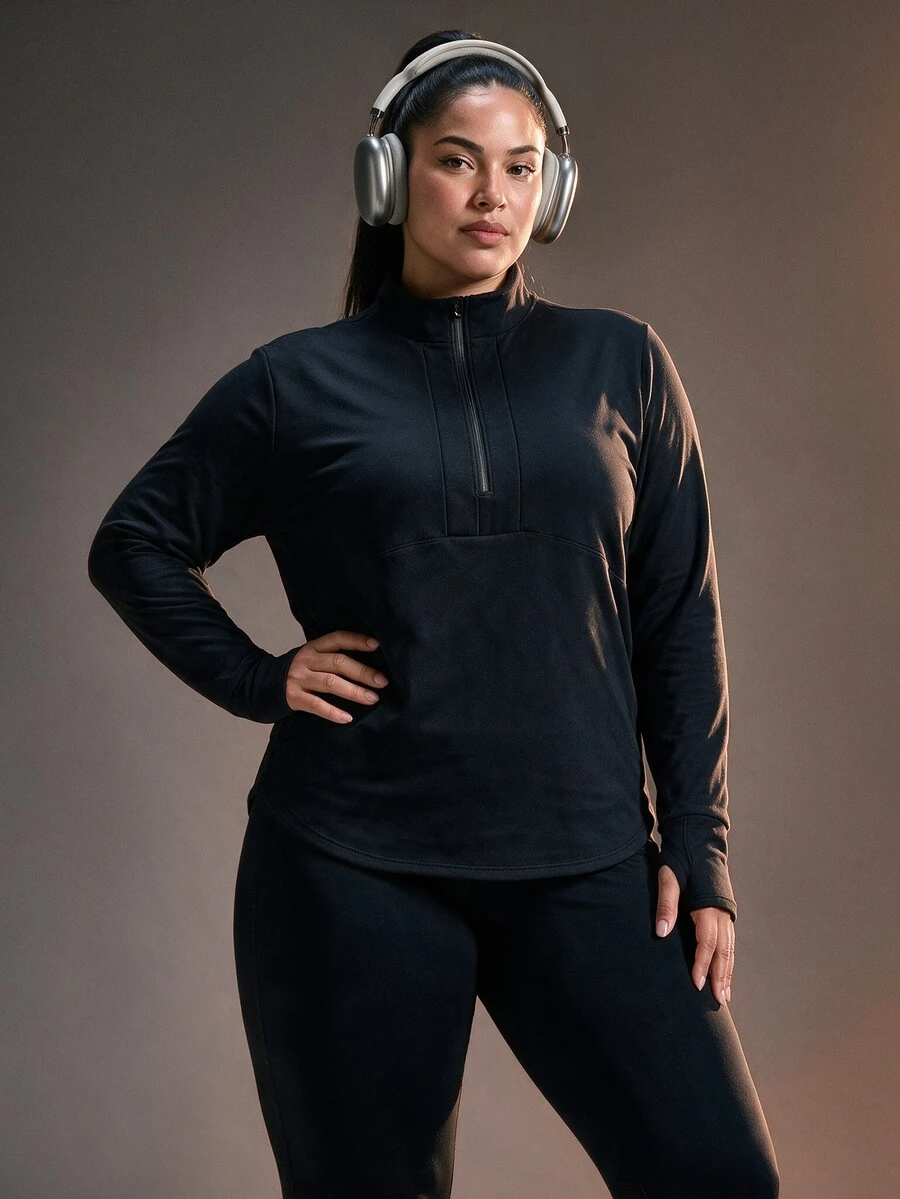 Powerista Women's Plus Size Solid Color Long Sleeve Half-Zip Athletic Sweatshirt - Black - View 1