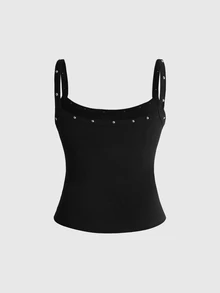 ROMWE Grunge Punk Metal Rivet Skull Embroidery Fitted Versatile Casual Dark Punk Plus Size Camisole And Tank Top - Black - View 2