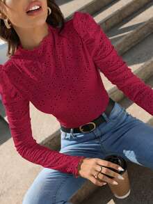 SHEIN Frenchy 小高領 Schiffy 紋理布料特殊袖口 T-shirt 酒紅/葡萄酒色 - 酒紅色 - 查看 6