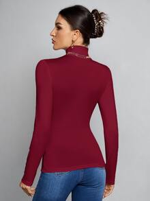 SHEIN Tall Simple Solid Color Slim High Collar White Top Suitable For Autumn And Winter - Burgundy - View 2