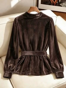 SHEIN Clasi 女款優雅時尚鈕扣百褶長袖襯衫 - 棕色 - 查看 2