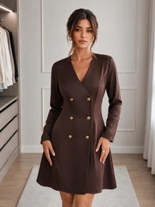 Easowa Women's Double-Breasted Long Sleeve Short Dress - Brown - View 3