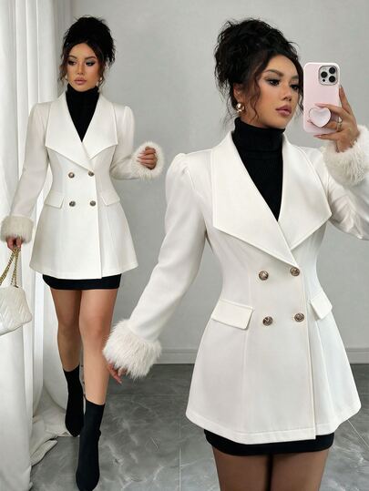 Elenzga Women's Autumn/Winter Single-Piece Lapel Double-Breasted Plush Patchwork Cuff Cinched Waist A-Line Skirt Hem Blazer Coat, Luxury Elegant Commuter Wool Jacket
