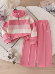 SHEIN 女童 2 件套 秋季白色棕色半拉鍊 T 恤 + 蝴蝶結刺繡寬腿褲，舒適針織面料，寬鬆休閒西式版型，7 歲生日 - 粉色 - 查看 9