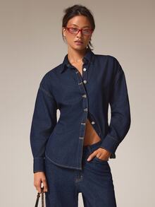 Athîral Denim Women's Solid Color Turn Collar Single-Breasted Fashion Minimalist Versatile Denim Shirt - Dark Wash - View 3