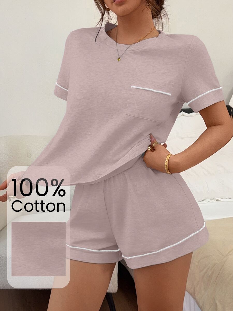 Napfluff Women's Knit Round Neck Short Sleeve Trim Shorts Pajama Set - Pink - View 1