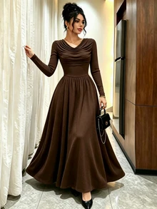 SHEIN Elenzya فستان ميدي ضيق بأكمام طويلة للنساء - بني - مشاهدة 3