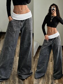 StreetHx Women's Fashion Versatile Contrast Color Loose Fit Denim Jeans With Pockets - Grey - View 9
