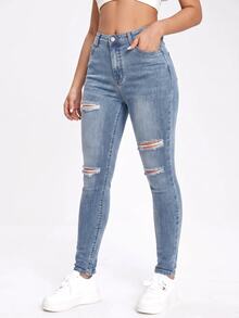 SHEIN EZwear Black Slant Pocket Ripped Skinny Jeans - Blue - View 5