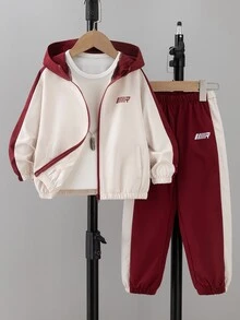 SHEIN 2件組男童休閒拼接色連帽衛衣與長褲套裝，運動戶外秋季款 - 紅色 - 查看 3