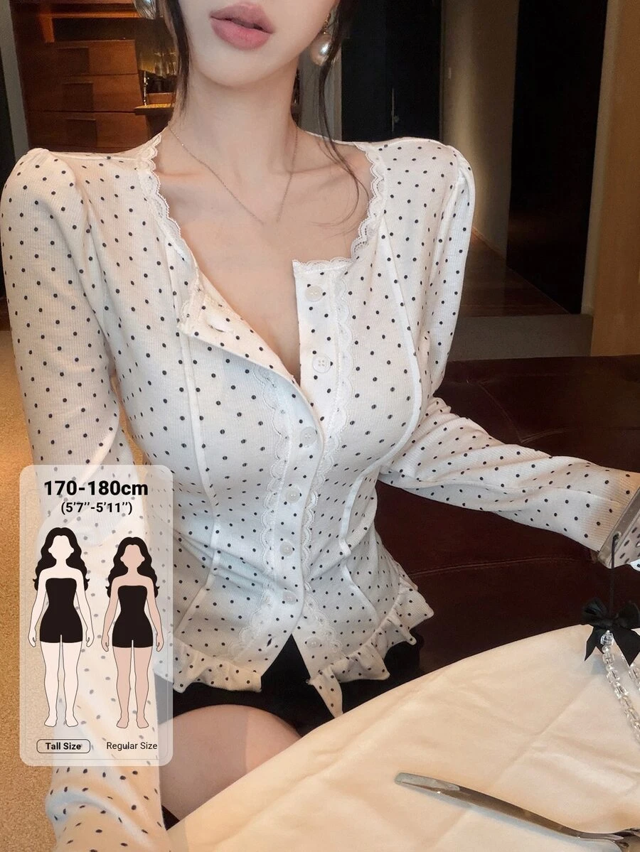 Dazy Tall Women's Round Neck Lace Patchwork Polka Dot Elegant T-Shirt - White - View 1