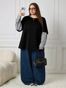 SHEIN CURVE+ Women's Plus Size New 2 In 1 Patchwork Round Neck Loose Long Sleeve T-Shirt, Autumn/Winter Fashion Casual Top, Suitable For 5XL-8XL Fall - Black - View 6