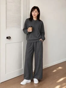 Yumoku Bộ thời trang nữ nửa khóa kéo, áo nỉ dài tay dáng ôm mùa đông mới và quần ống rộng, set 2 món - Xám - Xem 1