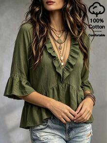 Linhara CURVE Plus Size Vintage Army Green Crinkled Texture Fabric Collar Wrap 3D Ruffle Deep V Neckline Front Closure Mid-Sleeve Gathered Cuffs Flared Frill Trim Waistline Horizontal Ruched Design Short Sweet Style 3/4 Sleeve Blouse - Army Green - View 5