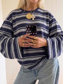 SHEIN EZwear 女款休閒街頭風長袖條紋T恤，秋季上衣，適合日常通勤、日常外出、聖誕節、新年，藍白條紋 - 彩色 - 查看 6