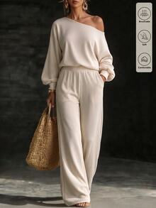 Glimmora New Vintage Apricot Fashion Casual Basic Asymmetrical Shoulder Top With Lantern Cuffs And Wide-Leg Pants Women's 2 Pieces Set - Apricot - View 1