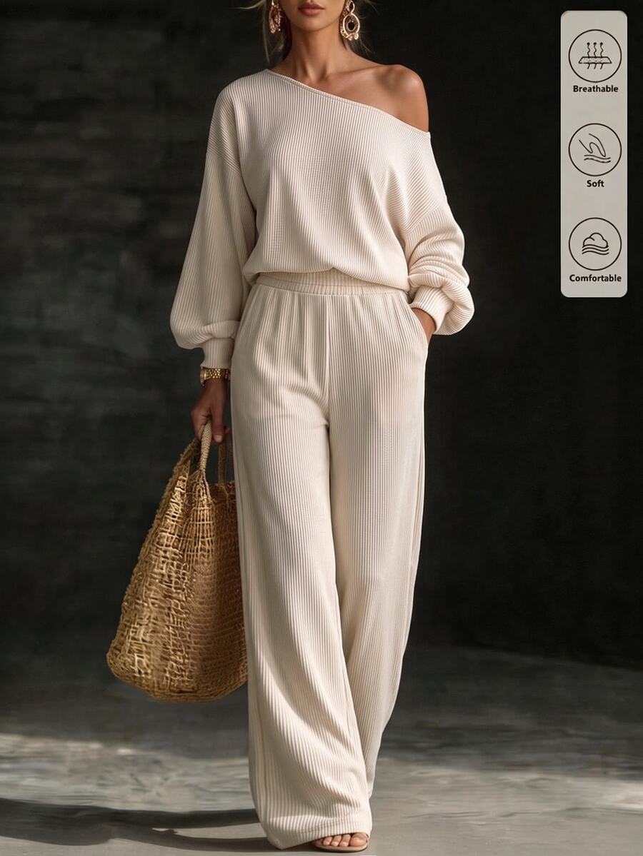 Glimmora New Vintage Apricot Fashion Casual Basic Asymmetrical Shoulder Top With Lantern Cuffs And Wide-Leg Pants Women's 2 Pieces Set - Apricot - View 1