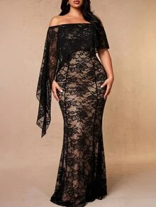 Cravure Plus Size Cold Shoulder Ruffle Floral Lace Mermaid Long Dress, Transparent Cape Sleeve Slim Fit Elegant Evening Party Gown - Black - View 1