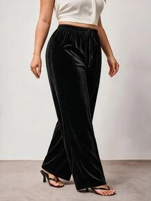 Hourglow Plus Size Anti-Wrinkle Satin Valentine's Day Straight Leg Loose Fit Pants - Black - View 5