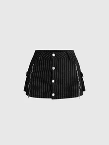 ROMWE Y2K Dark Gothic Striped Zipper Design Women's Denim Skirt - Black - View 5