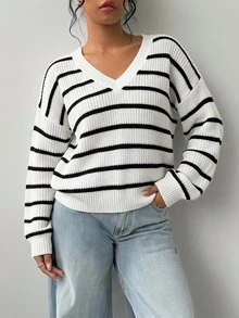 SHEIN BASICS Women's Striped Color Off Shoulder Casual Knitted Sweater, Fashionable Daily Wear - Black and White - View 2