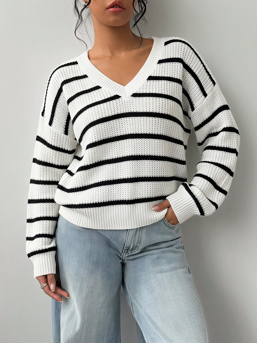 SHEIN BASICS 女款條紋配色露肩休閒針織毛衣,時尚日常穿搭 - 黑與白 - 查看 1