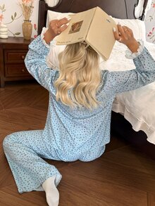 CottageSlumber Romantic Women's Woven Printed V-Neck Lace Bow Long Sleeve Top And Pants Pajama Set - Blue - View 6
