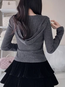 FRIFUL Women's Autumn Colorblock Contrast Lace Trim Hooded Metal Zipper Sweatshirt - Grey - View 2