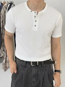 DAZY 男士黑色短袖圓領半開襟T恤 - 白色 - 查看 5