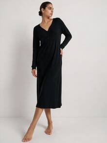 Ocili Studio Women's V-Neck Long Sleeve Button-Front Solid Color Loungewear Dress - Black - View 5