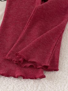 SHEIN 女童2件套，半高領長袖羅紋網紗蝴蝶結上衣 + 純色喇叭褲，柔軟彈性甜美套裝，可愛兒童春秋裝 - 紅色 - 查看 5