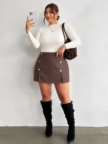 Firerie Plus Size Women's Fashion Double-Breasted Slit Design Shorts - Brown - View 7