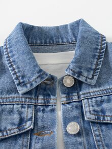 SHEIN 女童美式復古街頭 Y2K 純色水洗牛仔外套與裙子套裝，秋季甜酷 2 件套穿搭 - 中等水洗藍 - 查看 4