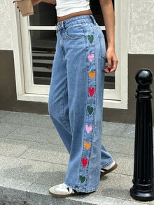 Rivivi Petite 女款鈕扣半開襟雙口袋愛心印花休閒時尚牛仔褲 - 藍色 - 查看 6