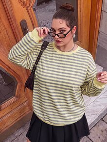 SHEIN CURVE+ 大尺碼女款休閒圓領長袖條紋運動衫 - 彩色 - 查看 2